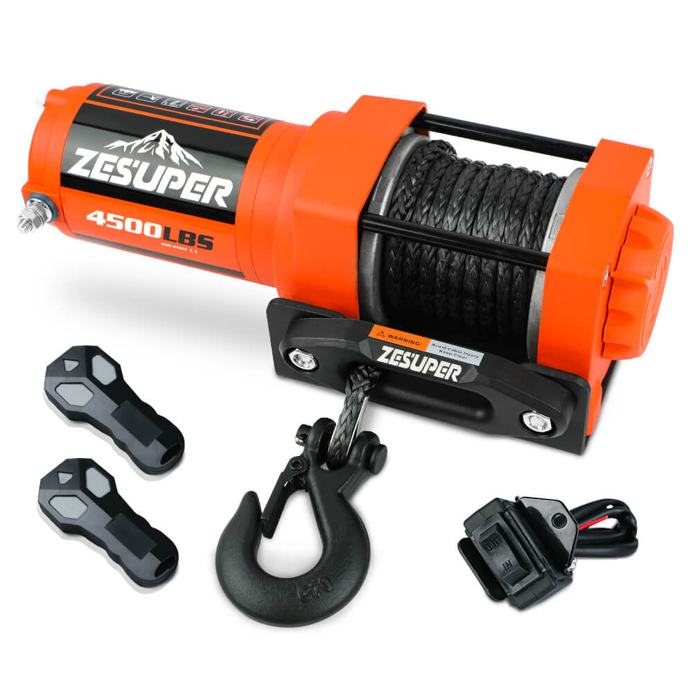 Electric winch with orange motor housing, black mount plate and synthetic rope with hook