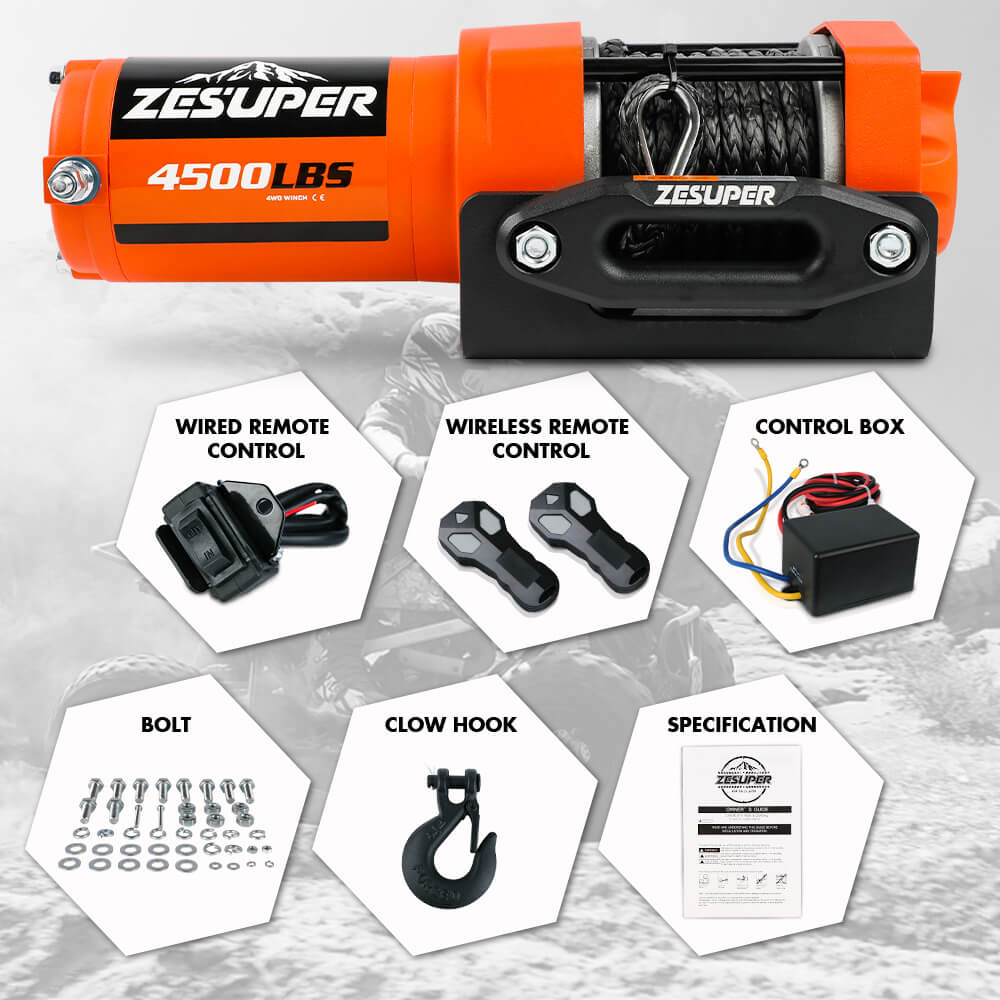 Electric winch with orange drum, black control housing and wired and wireless remotes
