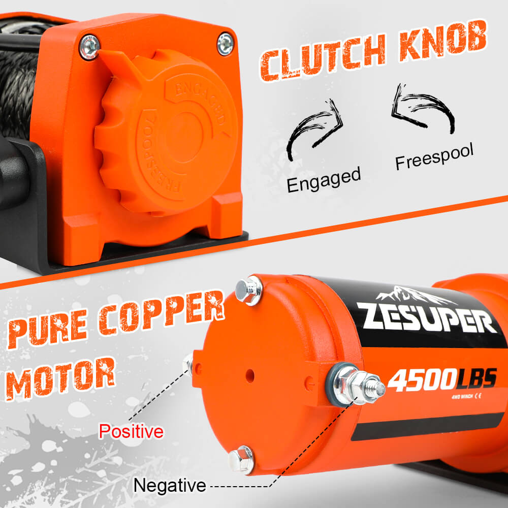 Orange clutch knob and winch housing with synthetic rope on the spool