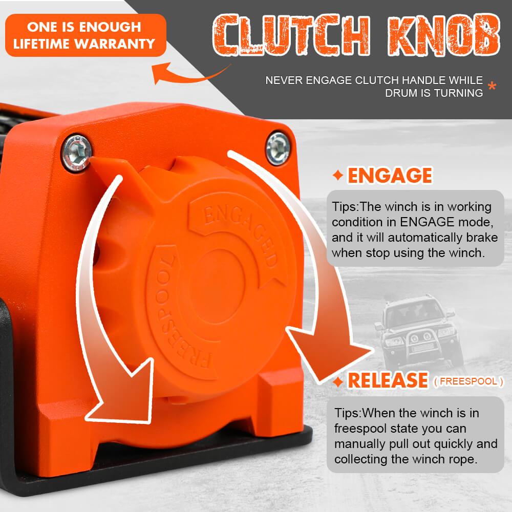 Orange clutch knob with engage and release positions on electric winch housing