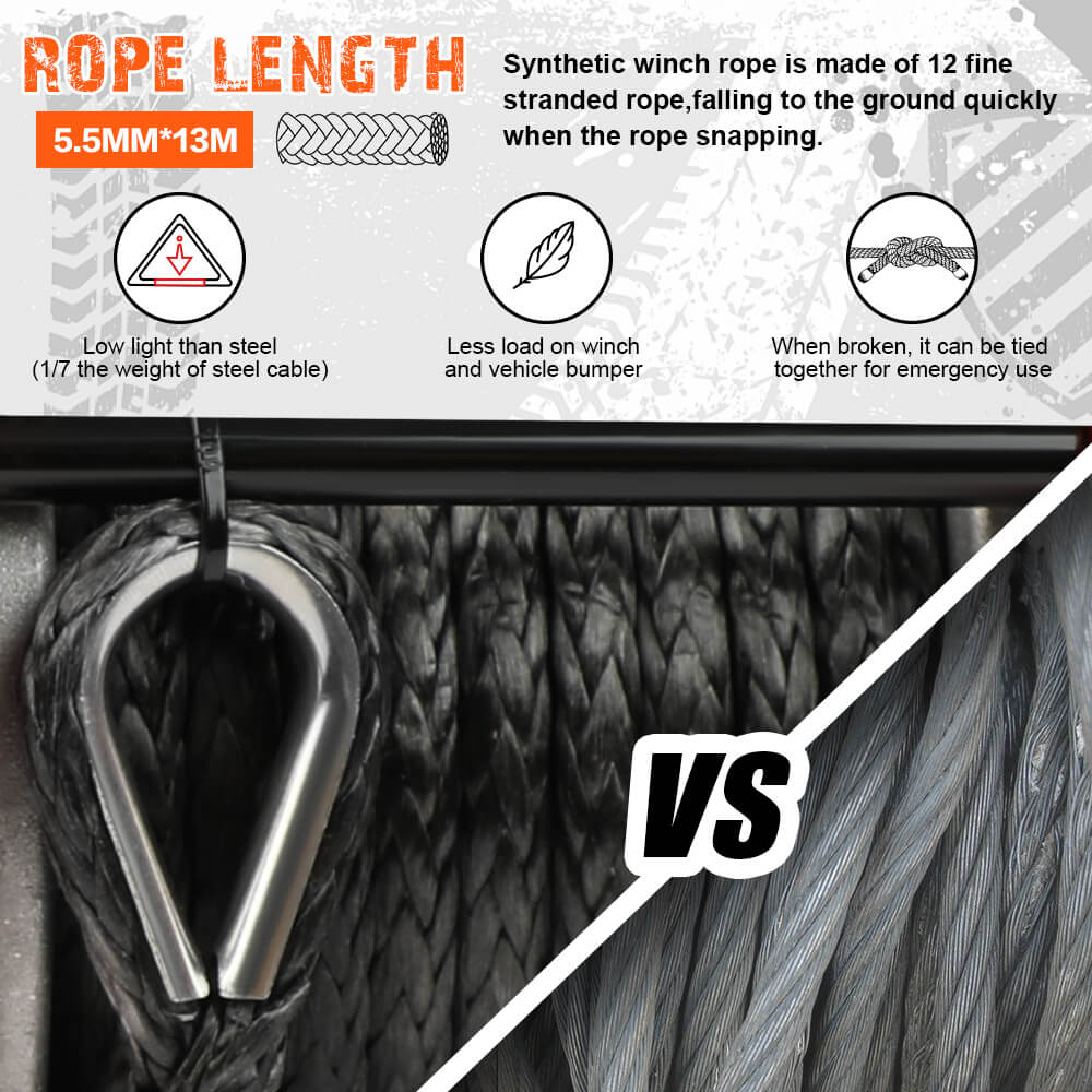 Synthetic winch rope with metal shackle hook and textured rope strands close-up