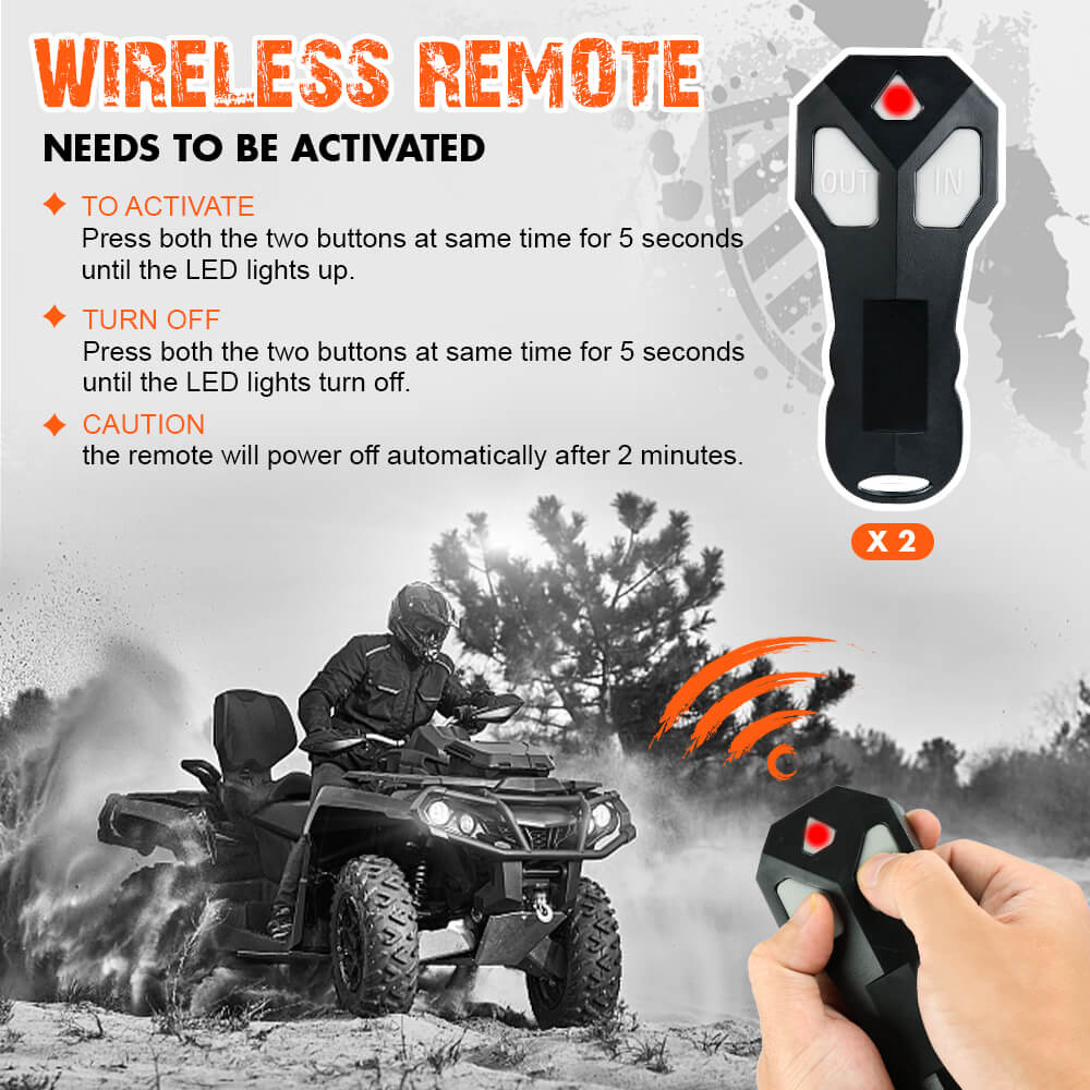 Wireless remote fob with twin buttons and indicator light for electric winch