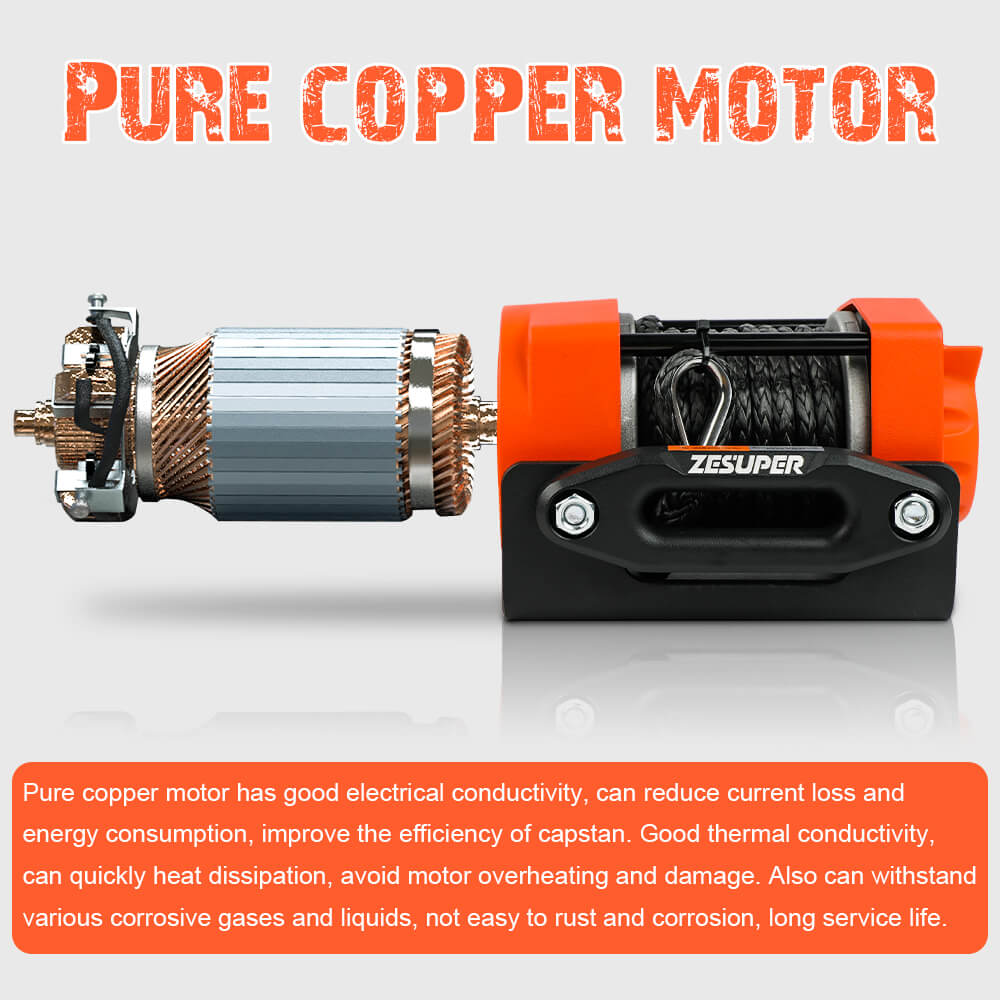 Electric winch motor with copper-wound armature and orange drum housing