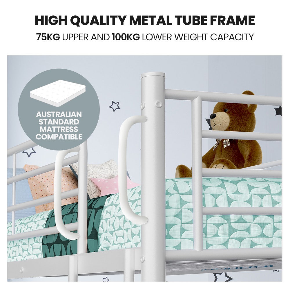 Matte white metal bunk bed frame close-up with top rails and sturdy corner posts