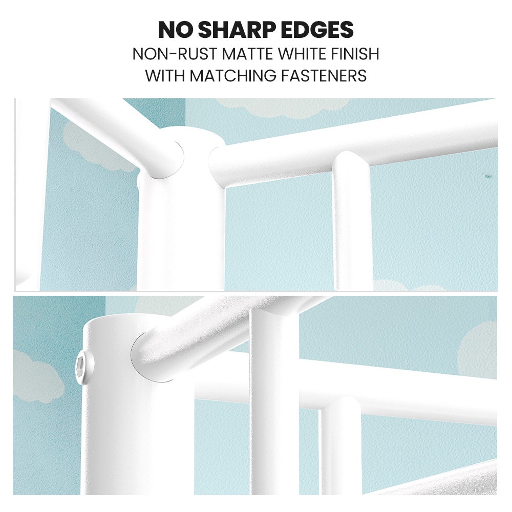 Matte white metal bunk bed frame with smooth, rounded joints and connected side rails