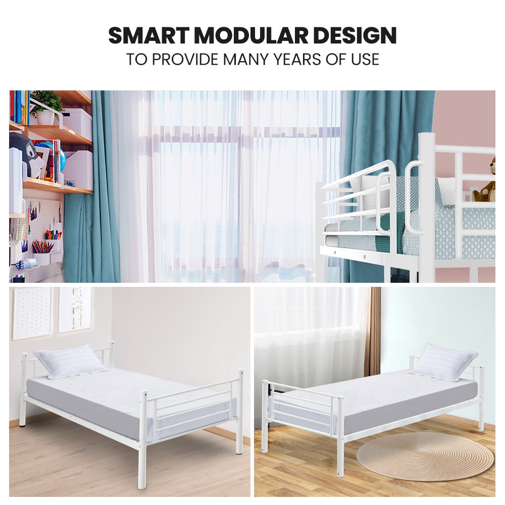 Matte white metal bunk bed frame with modular design converting to two single bed frames
