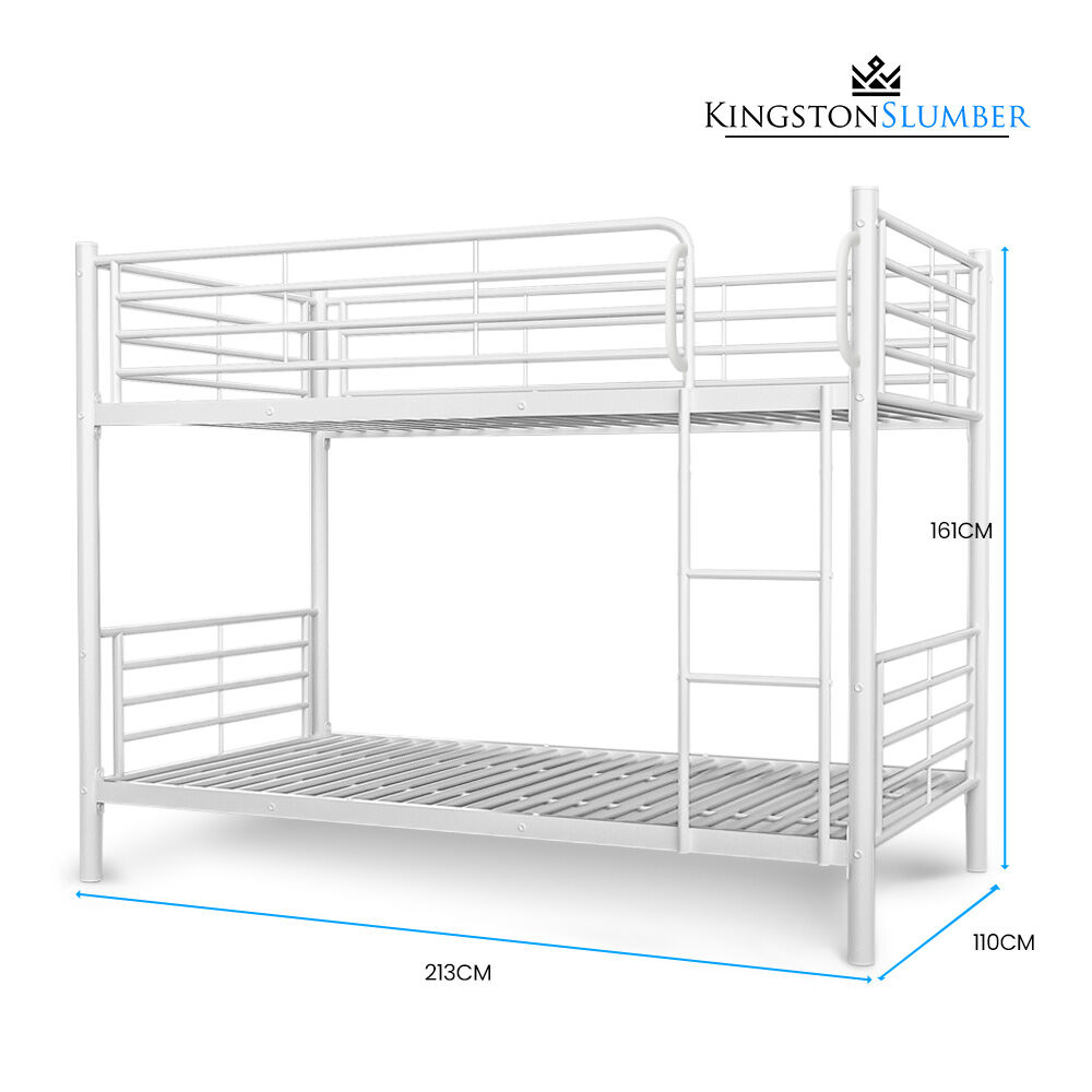 Matte white metal bunk bed frame with ladder and slatted base, dimensioned side view