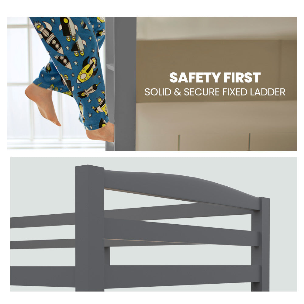 KINGSTON SLUMBER Single Bunk Bed Frame, Solid Pine 2-in-1 Modular Design, Converts to 2 Single Beds, For Kids, Grey