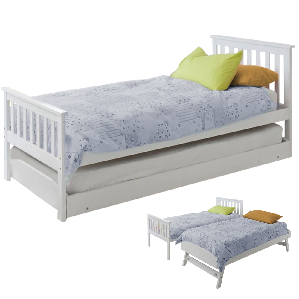 White wooden single bed frame with pop-up trundle, side rails and raised guard