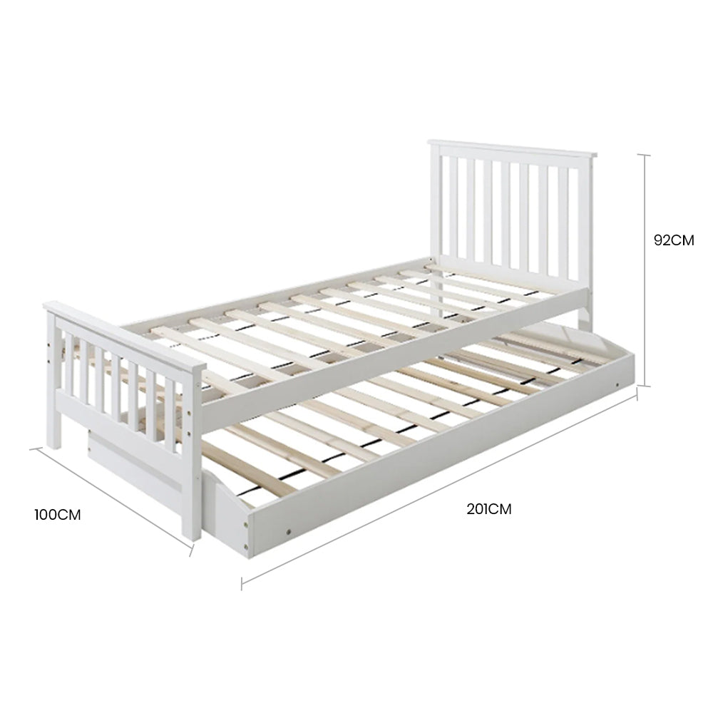 White wooden single bed frame with slatted base and under-bed trundle platform