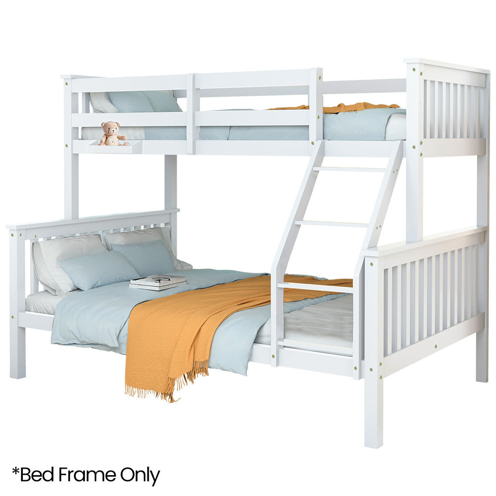 White triple bunk bed frame with ladder, guardrails, and mattresses in a single view.