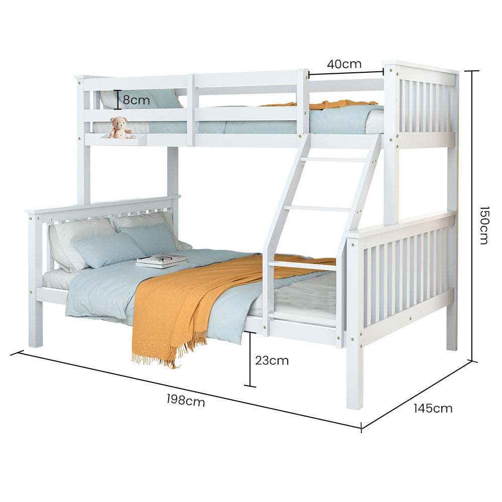 White bunk bed frame with ladder and guardrails, shown with height and width measurements.