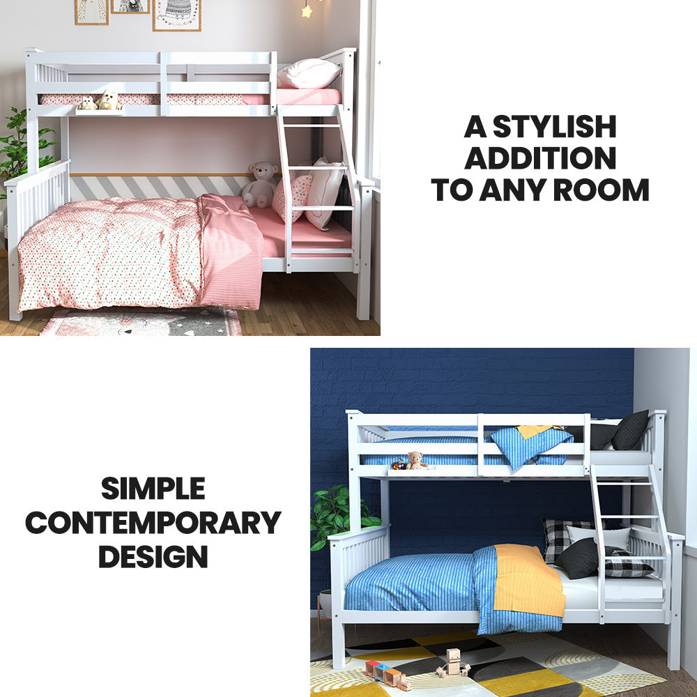 White bunk bed frame with guardrails and bedding, shown open to reveal lower storage.