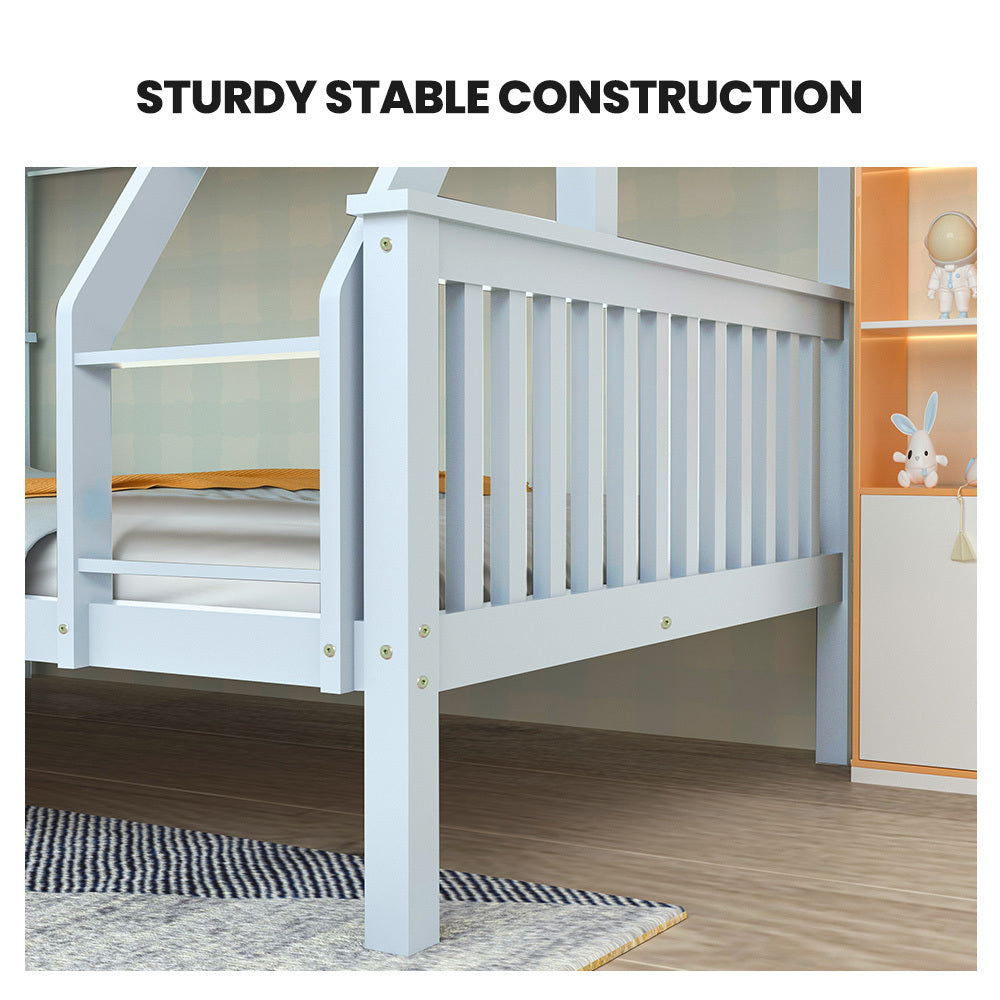 White bunk bed frame side panel with vertical slats and sturdy end posts.