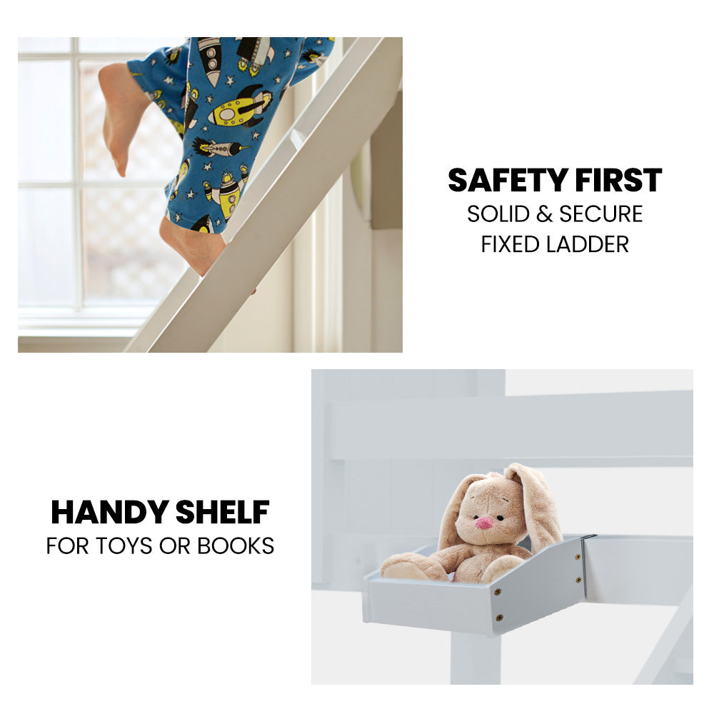 White bunk bed frame with fixed ladder and built-in shelf holding a plush toy.