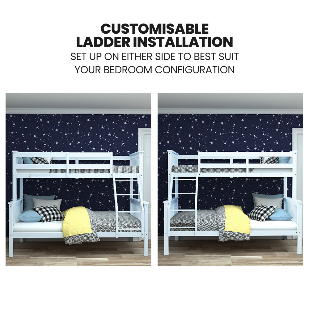 White bunk bed frame with ladder positioned on either side, with guardrails and bedding.