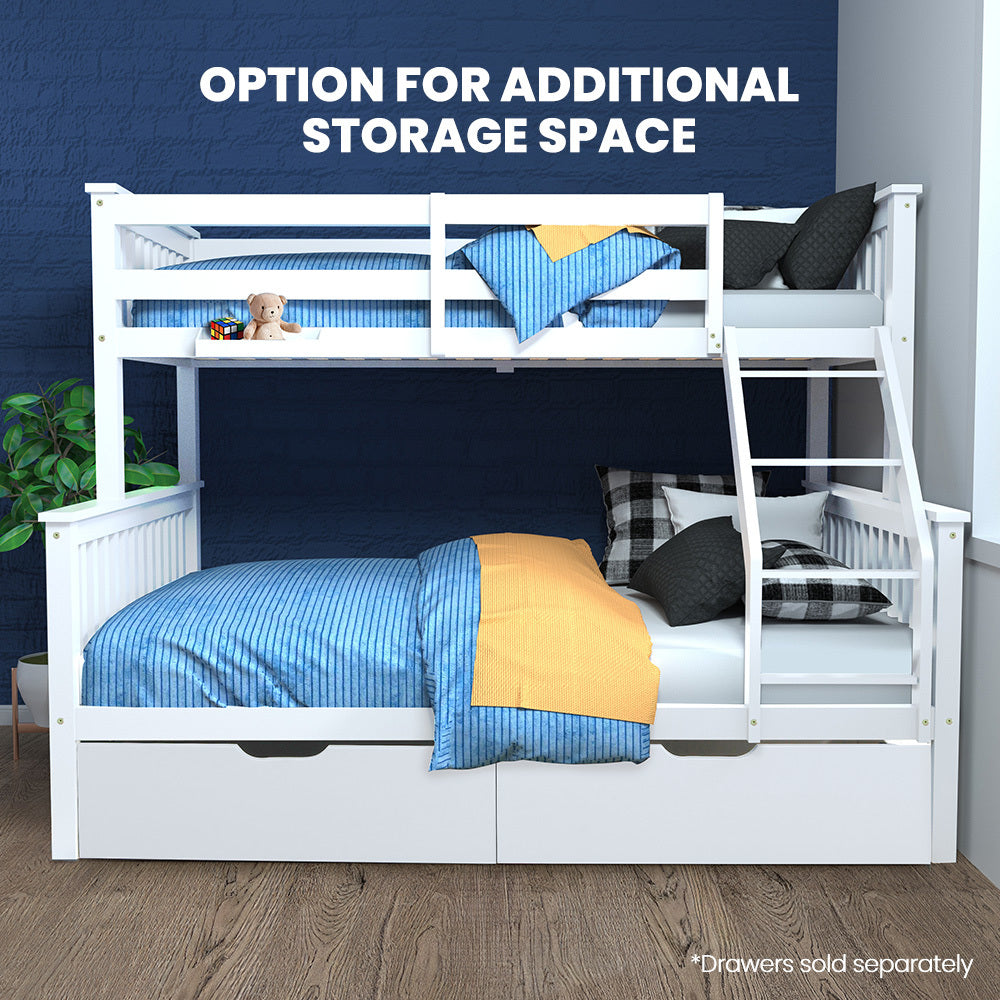 White bunk bed frame with optional drawers and open lower storage space under the bed.