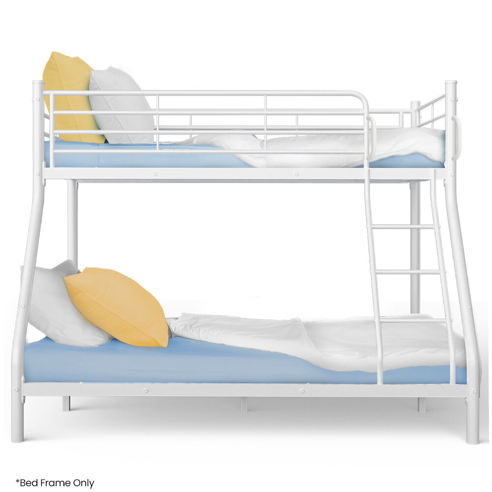 Matte white metal bunk bed frame with ladder and upper/lower guard rails