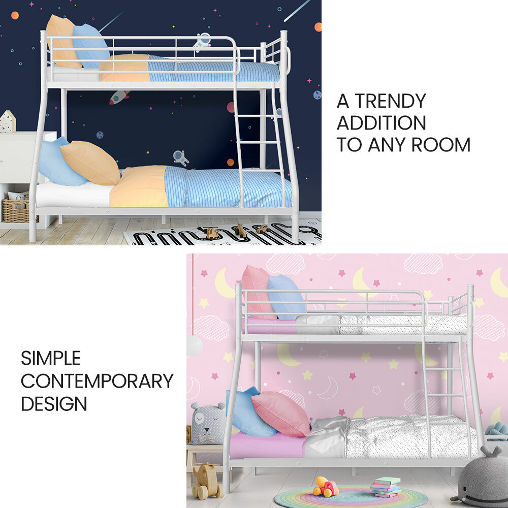 Matte white metal bunk bed frame with ladder and safety rails