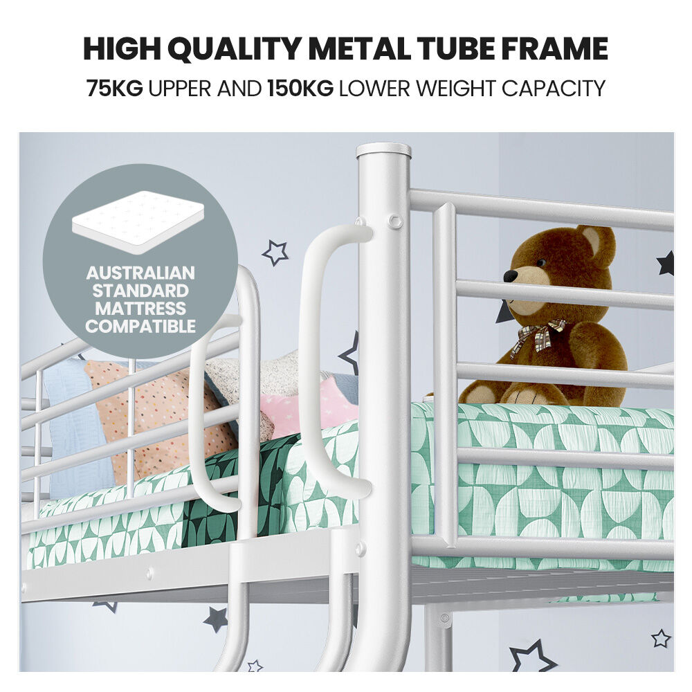 Matte white metal bunk bed frame with ladder, posts, and guard rails