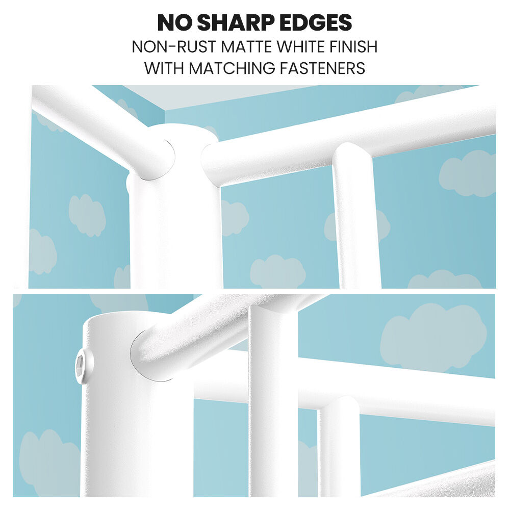Matte white metal bunk bed frame corner joints with rounded, smooth edges