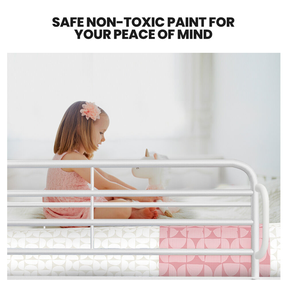 Matte white metal bunk bed frame with full-length guard rails and ladder