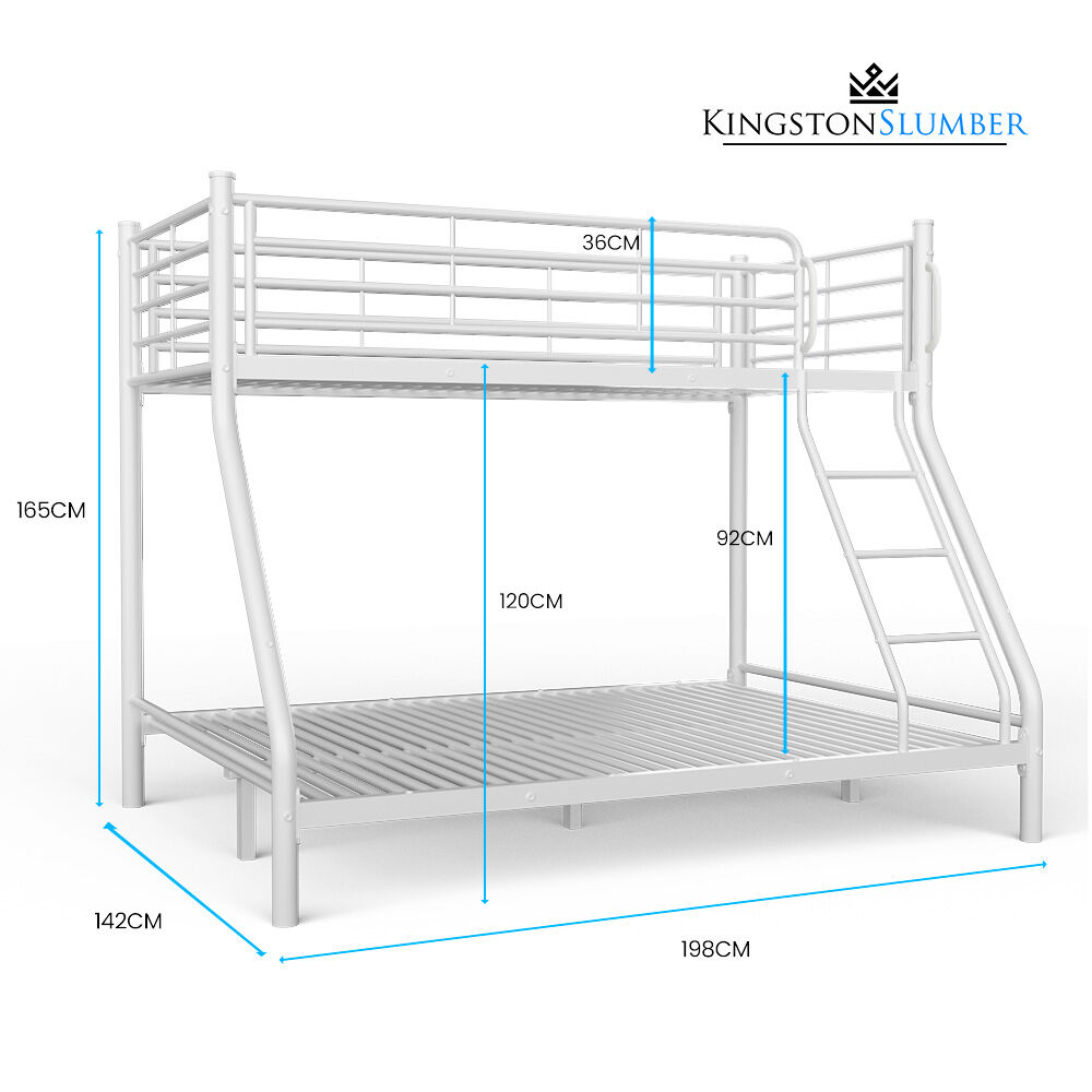 Matte white metal bunk bed frame diagram with ladder and guard rails