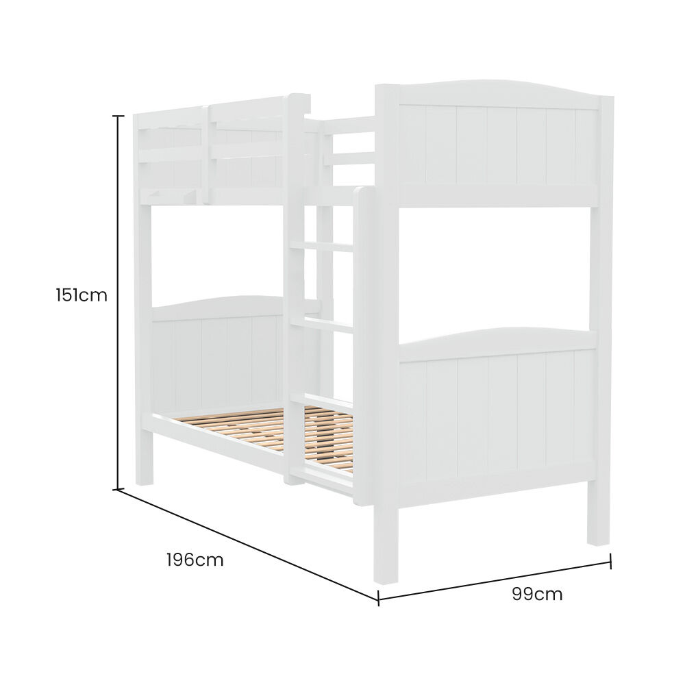 White single bunk bed frame with overall dimensions 196cm x 99cm x 15cm