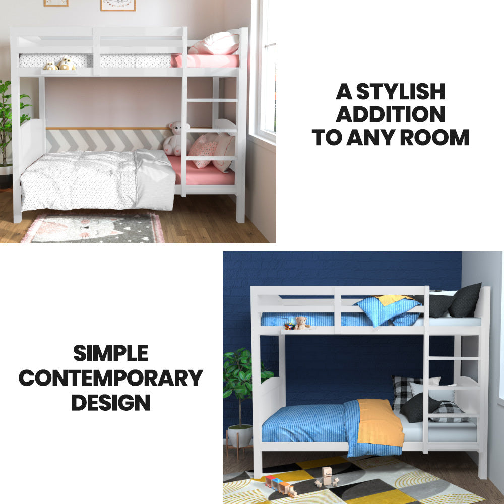 White single bunk bed frame with built-in ladder and open shelving side panels
