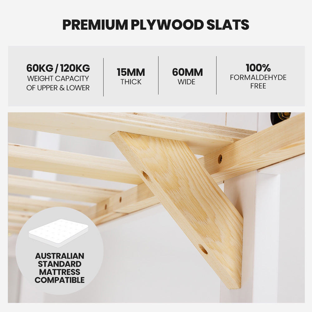 White bunk bed frame showing premium plywood slats across the mattress support