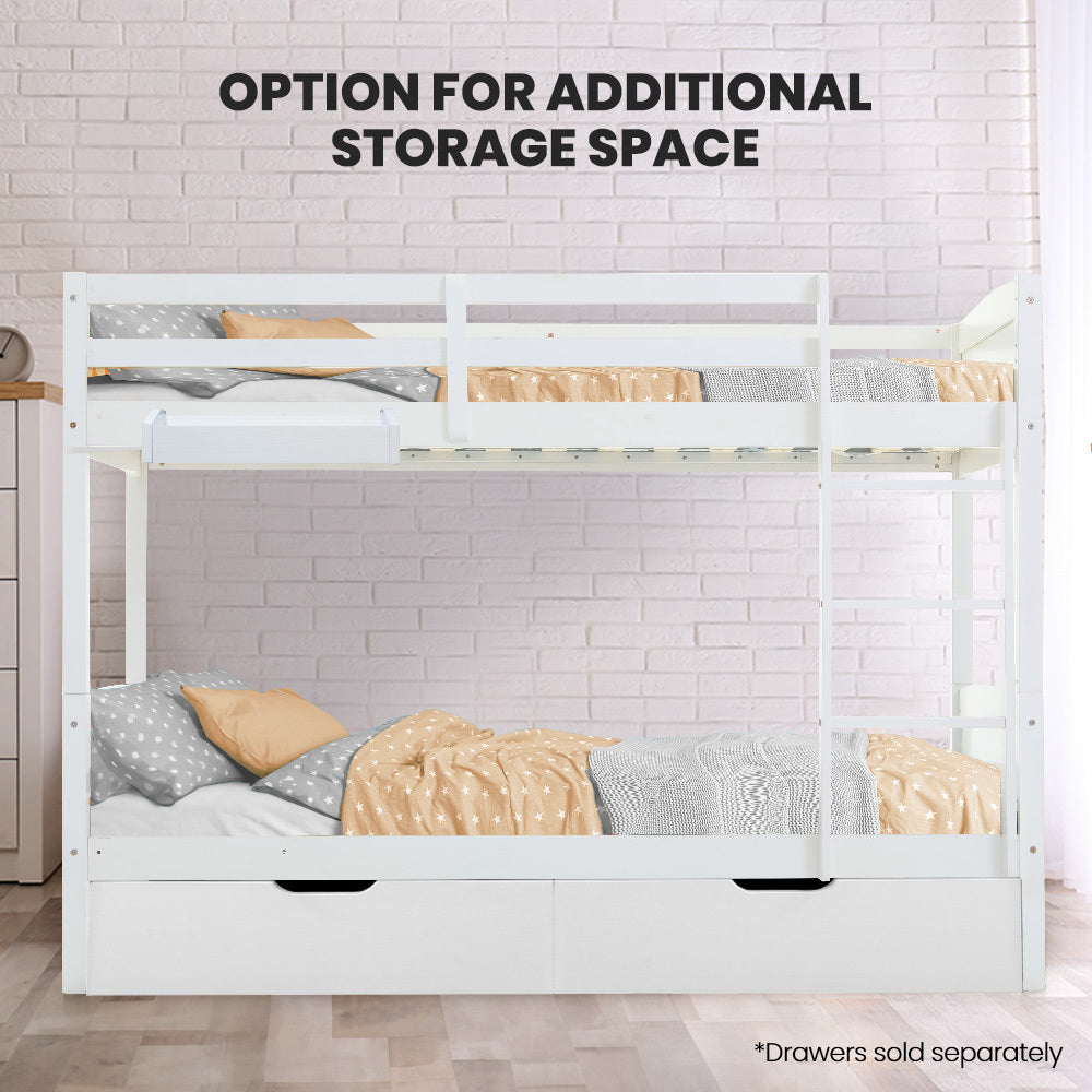 White single bunk bed frame with integrated drawers for storage under the lower bed