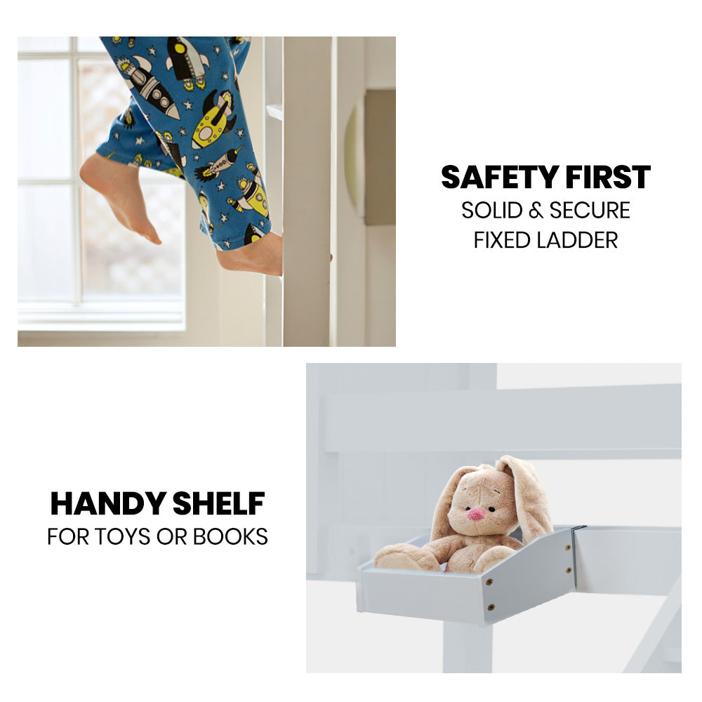 White bunk bed frame with fixed ladder and handy side shelf for toys or books
