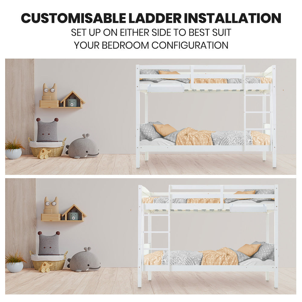 White single bunk bed frame with ladder positioned on either side, modular setup