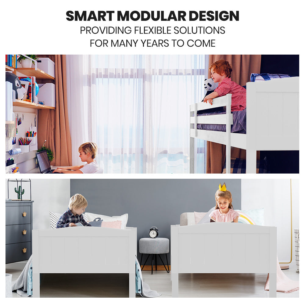 White single bunk bed frame showing modular layout for different room configurations