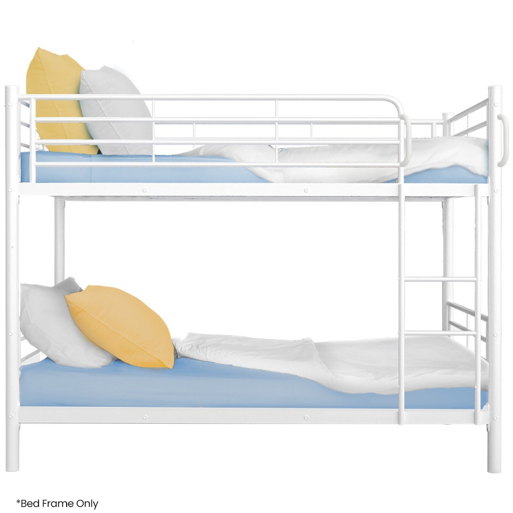 Matte white 2-tier bunk bed frame with ladder and side guardrails