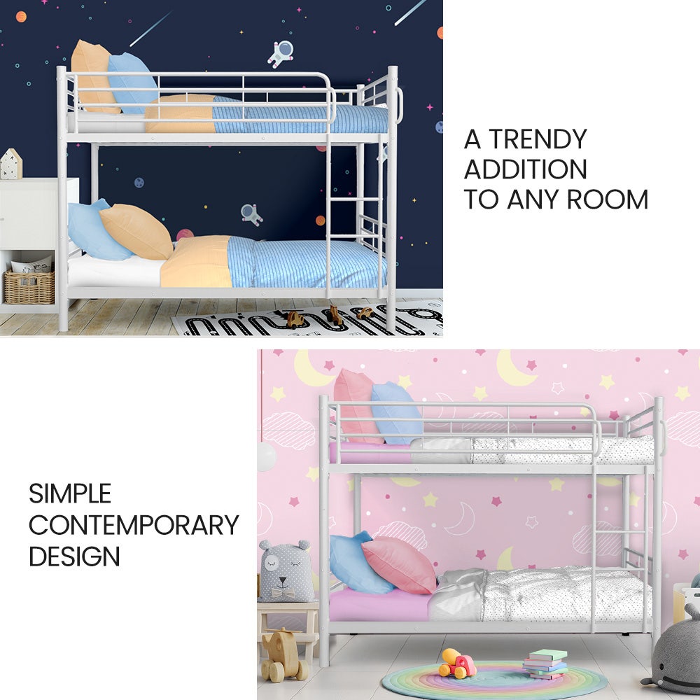 Matte white bunk bed frame with ladder and enclosed side rails