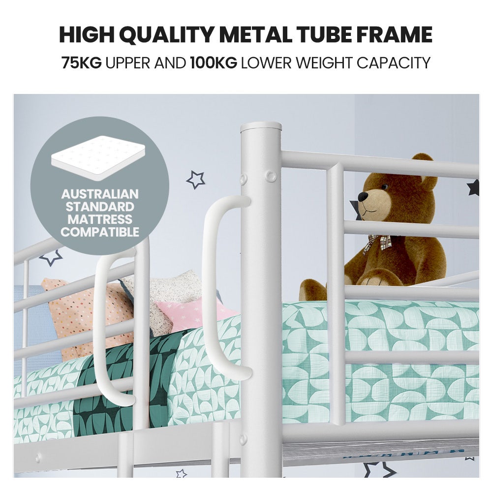 White metal bunk bed frame with ladder, top rails, and slatted platforms