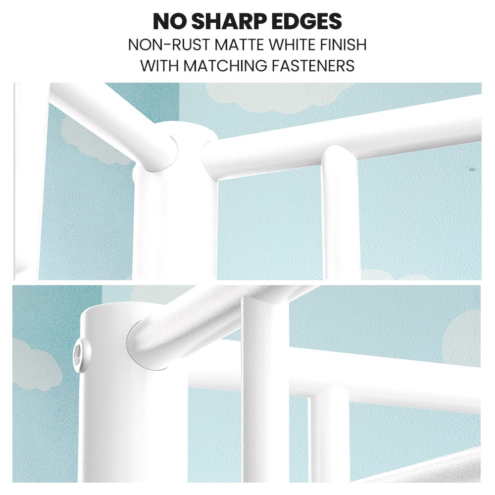 White metal bunk bed frame corner joint with rounded tubes and fasteners