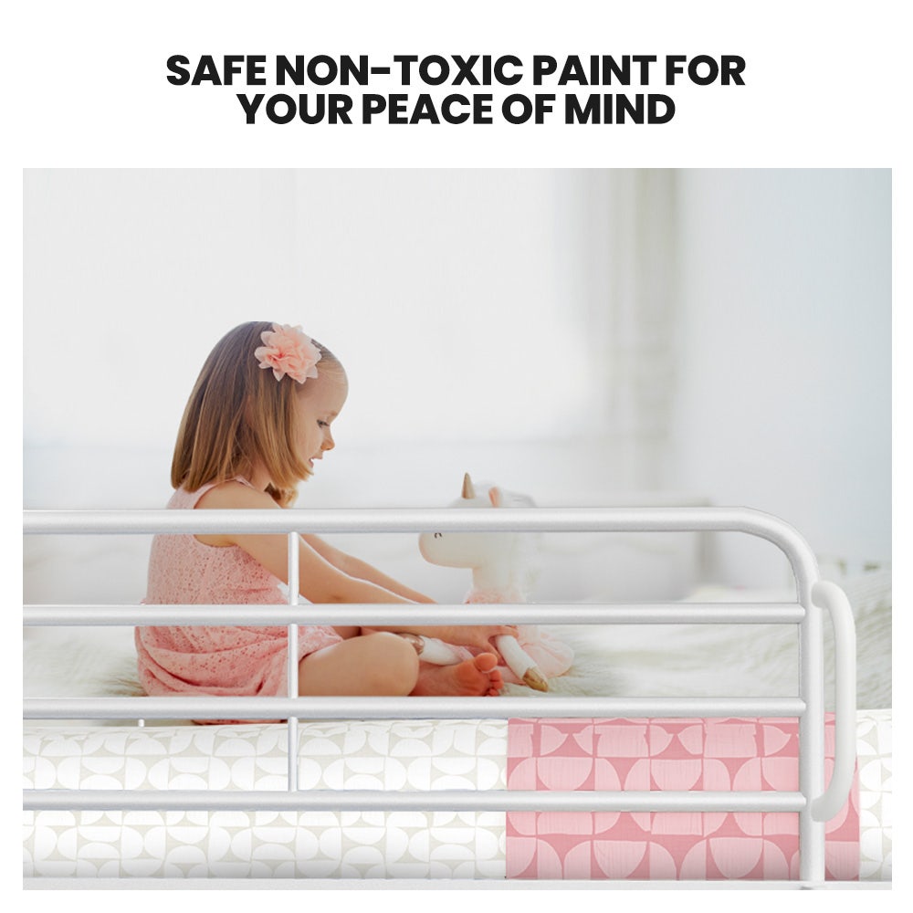 White metal bunk bed frame with side guard rail and ladder, mattress area shown