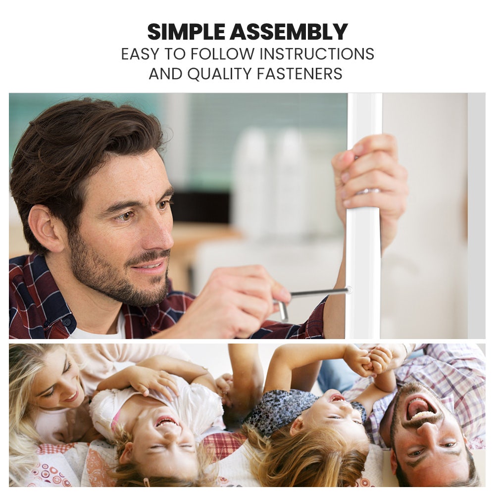 White metal bunk bed frame with ladder and side rails, assembly steps shown
