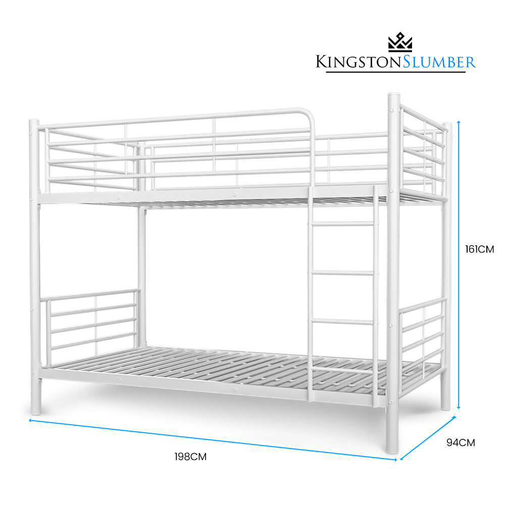 Matte white metal bunk bed frame with ladder, guardrails, and slatted base