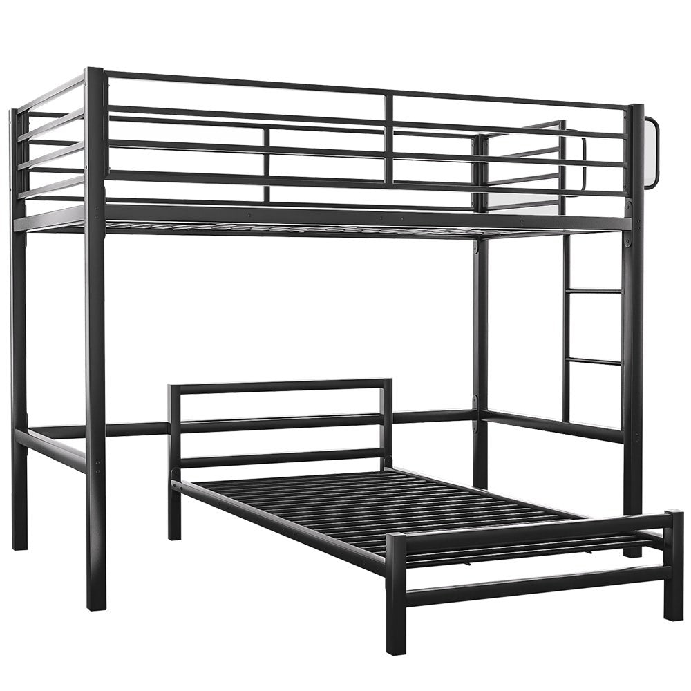 Dark grey single loft bed frame with fixed ladder, guard rails, and underbed platform