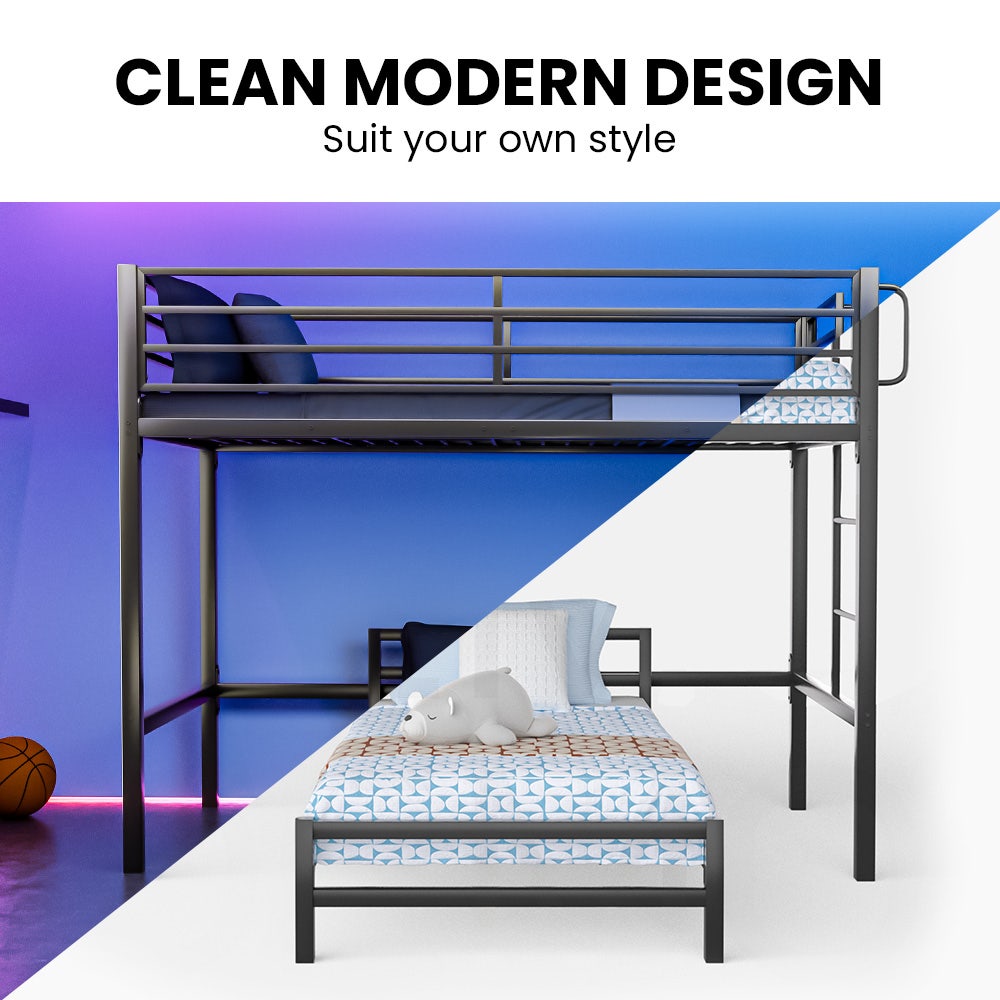 Dark grey single loft bed with ladder access, guard rails, and underbed open space