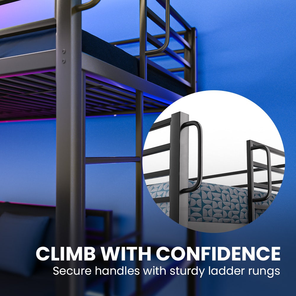 Dark grey ladder handle and rungs with guard rails and underbed mattress base