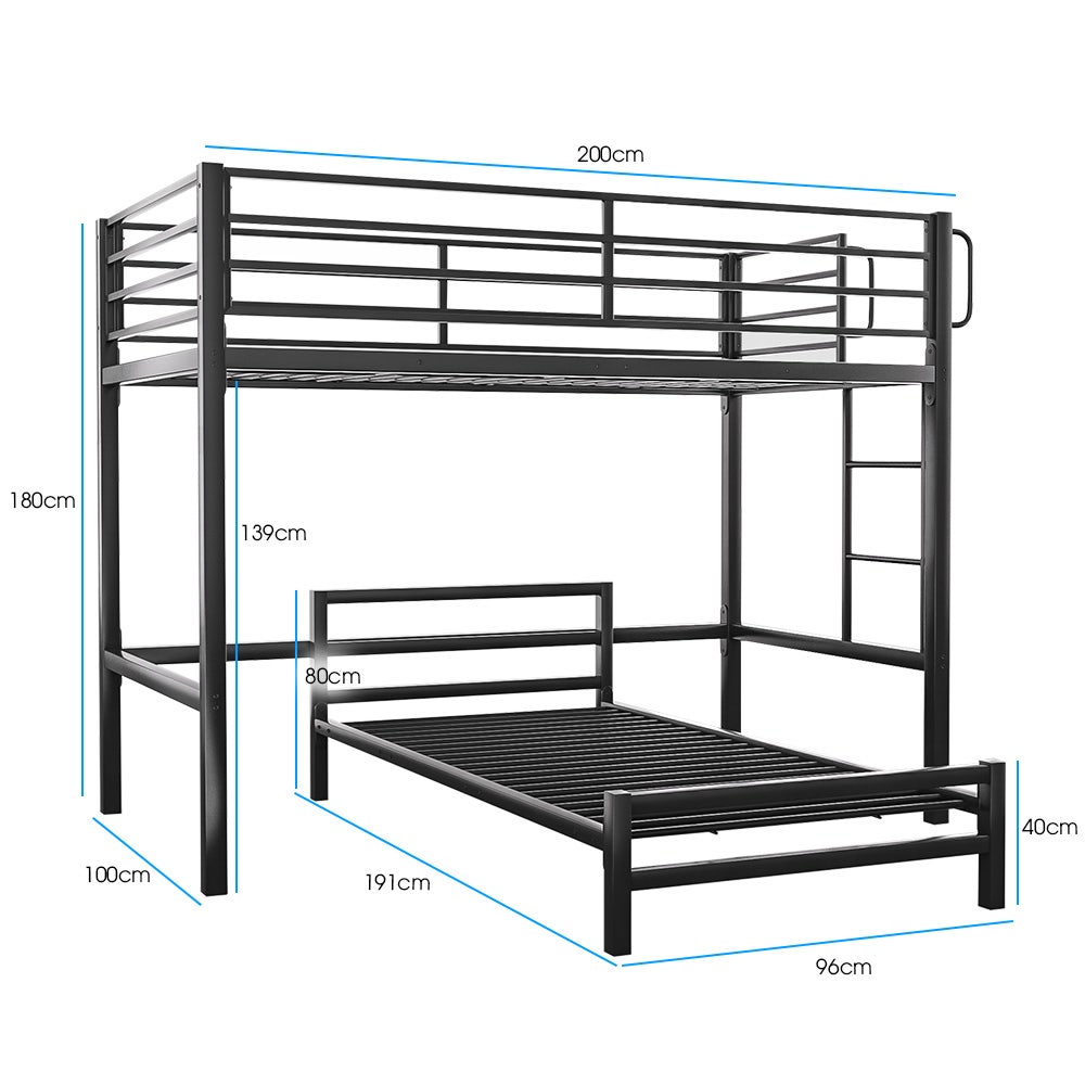 Dark grey single loft bed with fixed ladder, guard rails, and underbed platform
