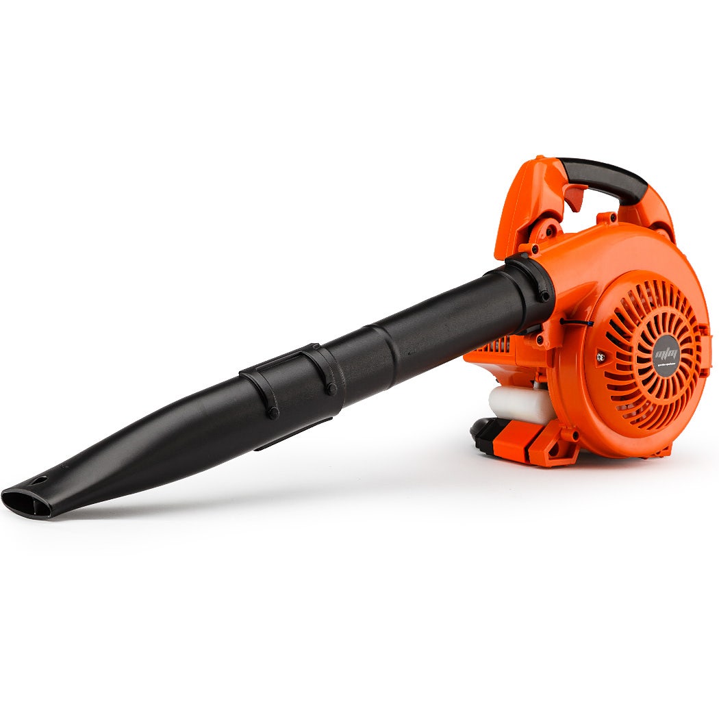 Handheld leaf blower with orange engine housing and long black air nozzle