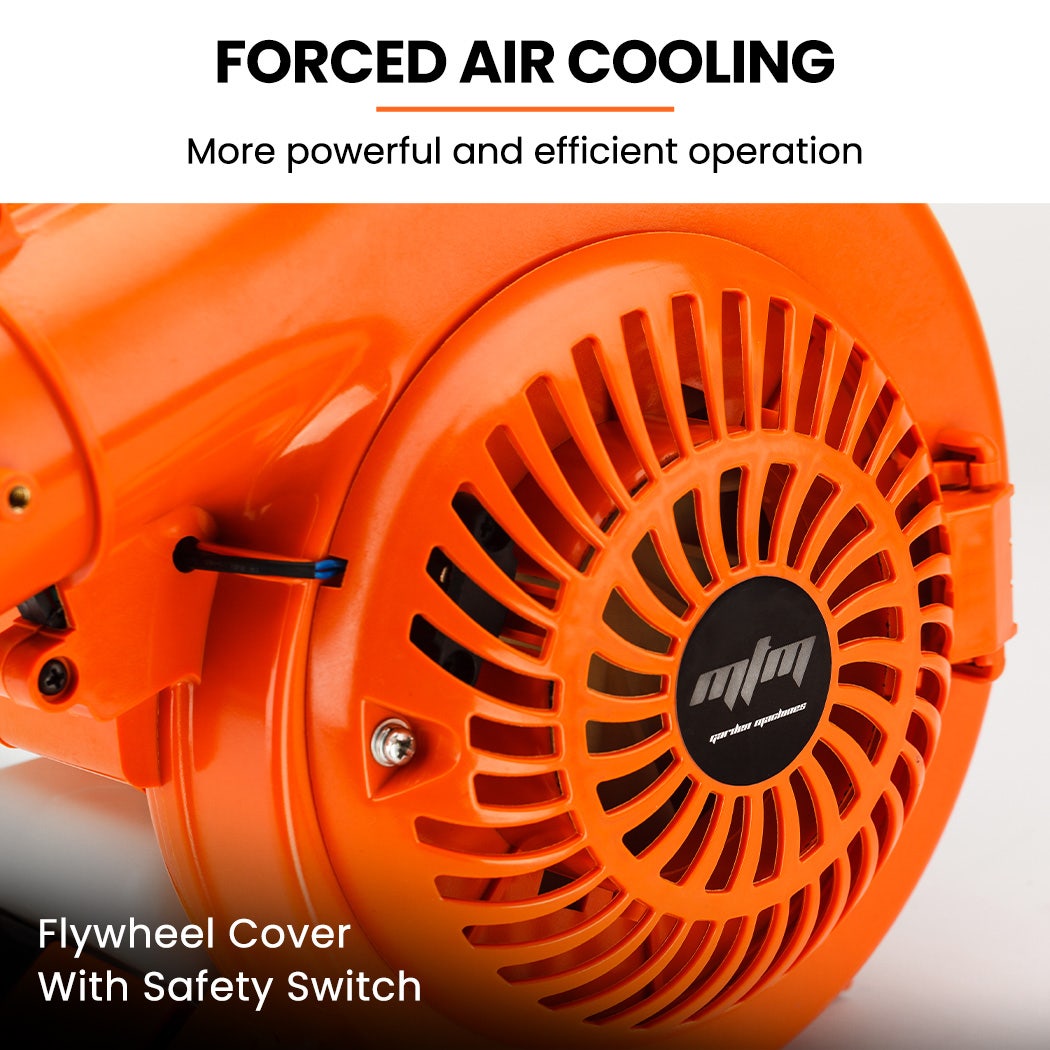 Leaf blower engine with orange fan housing and cooling vents