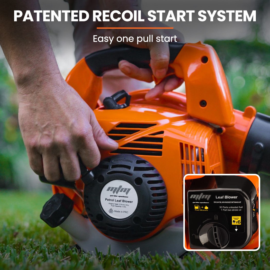Hand starting leaf blower with orange housing and black recoil handle