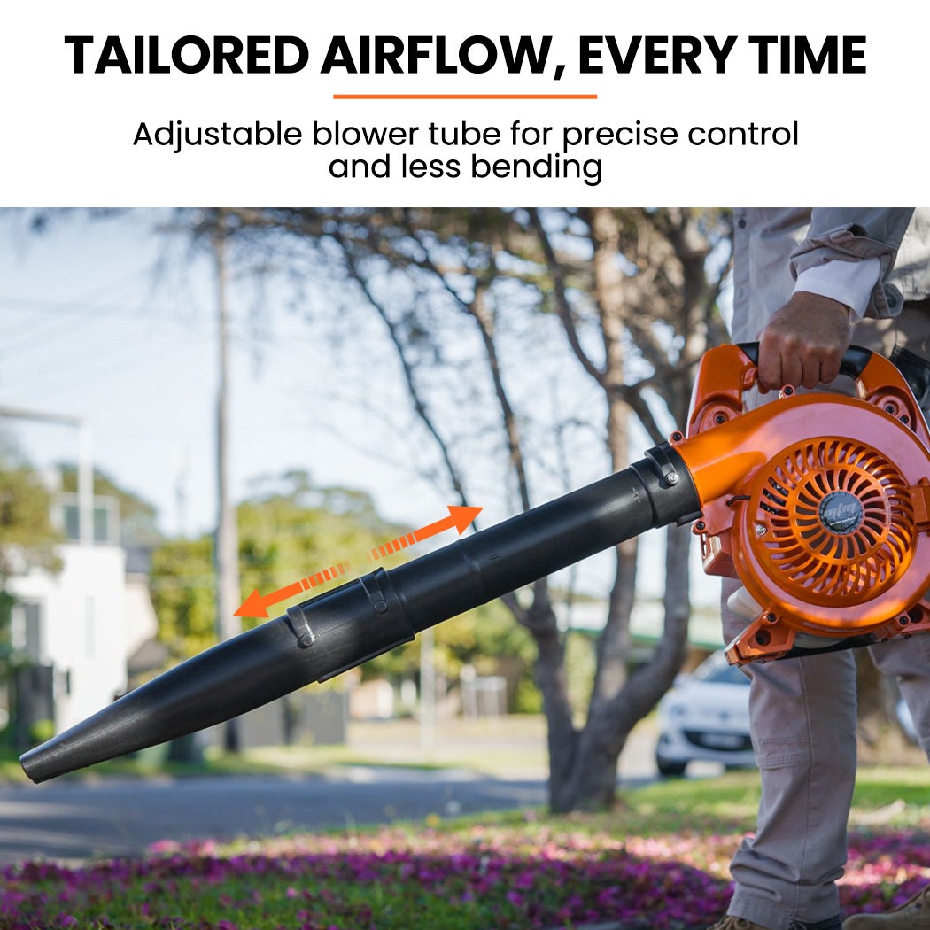 Handheld leaf blower with extended black tube and orange motor housing