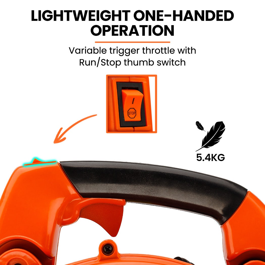 Orange leaf blower handle with black trigger grip and control switch area